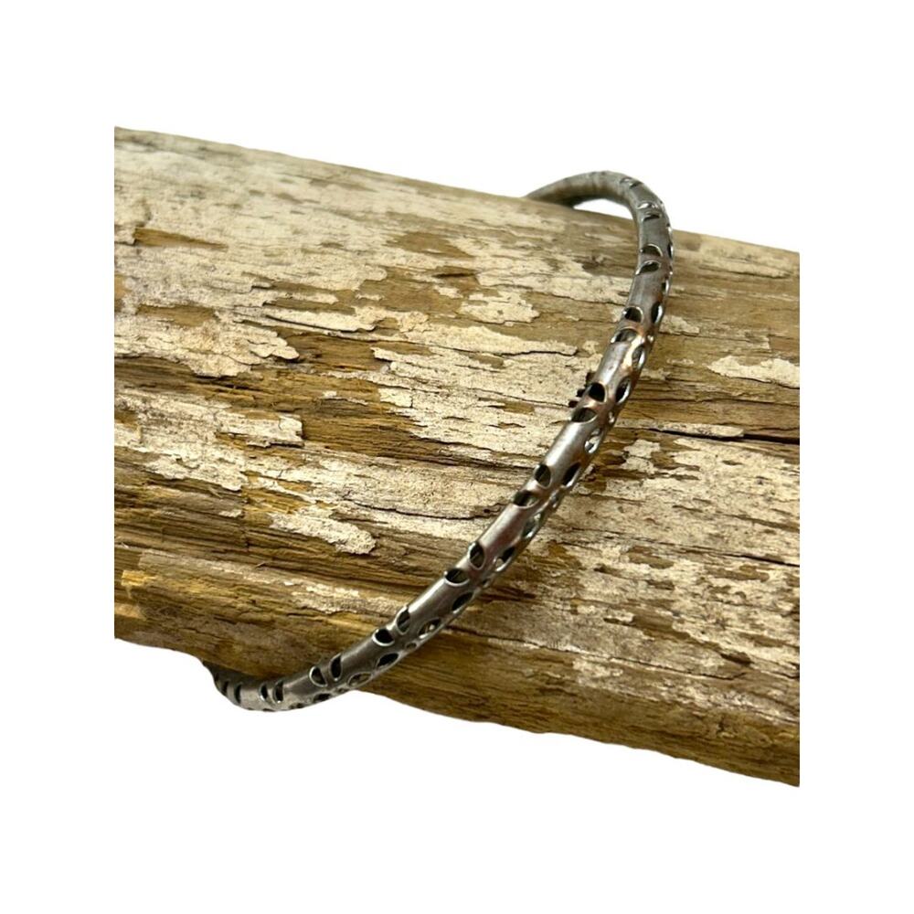 Large Hollow Silvertone Bangle Bracelet Laser Cut 4mm